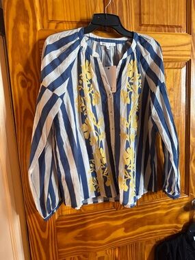 DR2 Blue & White Striped Blouse with Yellow Floral Embroidery